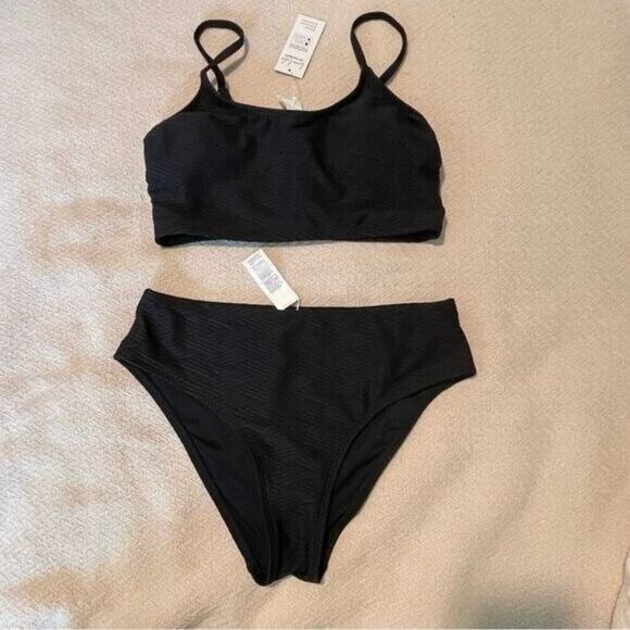 CUPSHE Black Textured Bikini Set Womens Small 2 Piece Scoop Neck High Waist NWT - Picture 3 of 10